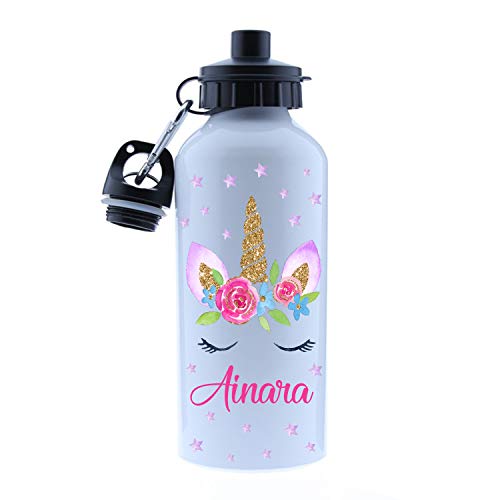 Kembilove – Cantimplora Infantil Personalizada – Botella de Aluminio Personalizada con el Nombre del Niño o Niña – Capacidad 500 ml peques – Cantimplora Unicornio.