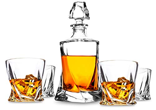 LANFULA Jarra y Vasos de Whisky, 800 ml Decantador de Whisky Cristal Sin Plomo de 4 Vasos de 300 ml, Perfecto fara Los Amantes Del Whisky, 5 piezas
