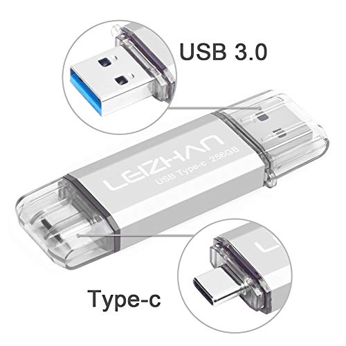 LEIZHAN Memoria USB Tipo C 256GB USB 3.0 Pendrive OTG 2 in 1 USB Flash Stick Tipo-C para Samsung Huawei Android PC -256GB（Plateado）