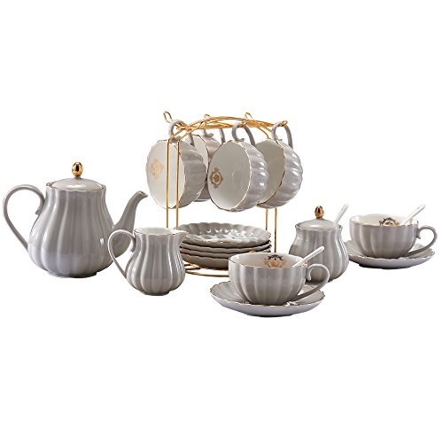 Lieras Juego de té de porcelana British Royal Series, tazas y platillos de 8 onzas para 6, con tetera, azucarero, jarra de crema, cucharillas y colador de té para té/café, Pukka Home (gris)