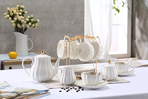 Lieras - Juego de té de porcelana de la serie Royal Británica, 8 tazas y platillo de servicio para 6, con tetera, azucarero, jarra de crema, cucharillas y colador de té para te/café, Lily White