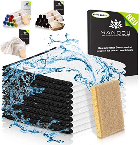 LÖWENKÖNIG® - Mandou Edition 2021 – [9 unidades] grandes paños de limpieza premium [30 x 30 cm] de 100% bambú sin microfibra + esponja de coco para el hogar; cocina, espejo, baño – paños multiusos.