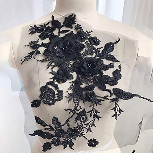 Lumpur Bordado Aplique Perla Tul Rhinestone Parches Etiqueta Vestido de Novia Hecho a Mano DIY Herramienta de Costura Accesorios 3D para Ropa Tela de Encaje Flores moldeadas Nupcial(Negro)