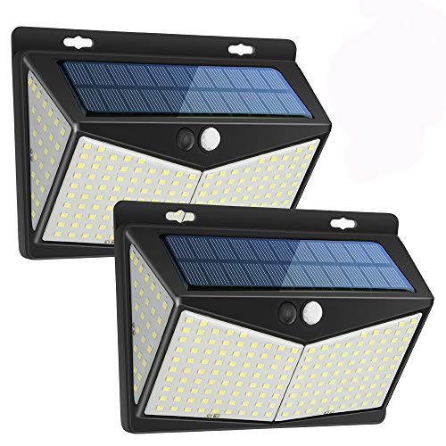 Luz Solar Exterior 208 LED, Luces LED Solares Exteriores con Sensor de Movimiento y 3 Modos de Iluminación, 270º lluminación Focos Solares Impermeable Lámpara Solar para Jardin (2-Paquete)