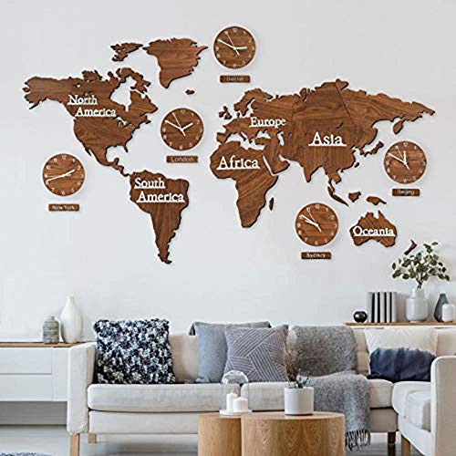 Mapa Mundo 3D con Madera Conjunto Relojes - Marrón 220x120 cm MDF Hora Mundial Relojes de Pared Relojes Signos continentes decoración Pared/Murales