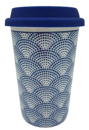 ML Vaso de Porcelana y Tapa de Silicona, Taza para Cafe con Tapa de Silicona de 400ml (Blanco-Puntos)