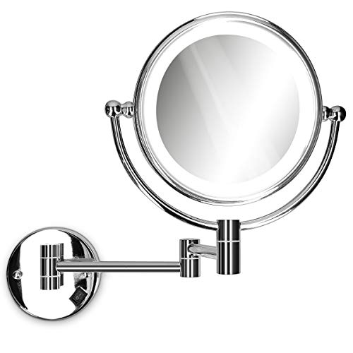 Navaris Espejo de Aumento para Pared de baño - Espejo con luz LED y Aumento x5 y x1 - Espejo Giratorio 360° Doble Cara para Maquillaje y Afeitado