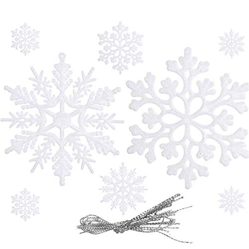 Nieve Adornos Decoración 24 pcs nieve navideños de plástico Cadena Brillante Blanca Copos de Nieve árbol de Navidad Accesorios para Colgantes Adornos Manualidades Bodas Festivales Decoración (blanco)