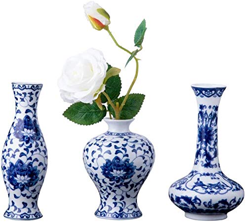 Nother Juego clásico de jarrones de porcelana azul y blanco, juego de 3 jarrones pequeños de cerámica para decoración del hogar, jarrones chinos (porcelana azul y blanca)