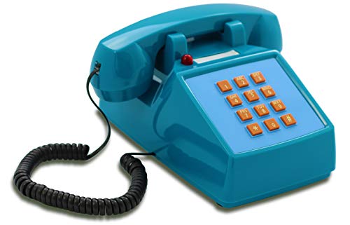 OPIS PushMeFon Cable: teléfono Fijo Retro de Teclado de los años 1970 con Campana metálica (Azul Claro)