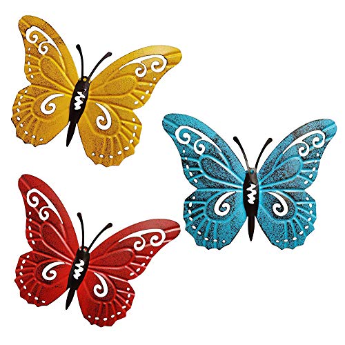 ORETG45 Juego de 3 mariposas de metal para decoración de pared de Living om artificial para colgar en el dormitorio, simulación de fondo de TV, oficina, colorido al aire libre, jardín, hogar