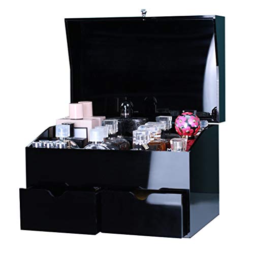 Organizador de maquillaje acrílico, caja de exhibición de perfumes cosméticos de joyería con 2 cajones de maquillaje pequeños, vitrina for cosméticos, joyas, artículos de tocador