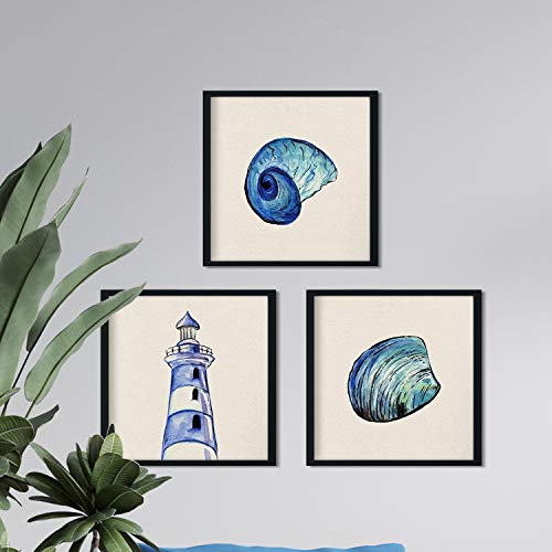 Pack de 3 láminas para enmarcar MAR AZUL. Posters con imágenes del mar. Concha, faro y caracola. Decoración de hogar. Láminas para enmarcar. Papel 250 gramos alta calidad