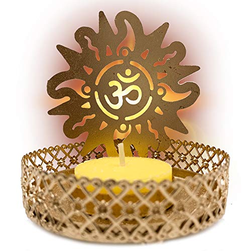 Pack x 2 - Portavelas símbolo Om color dorado (incluye 2 velas). Porta velas decorativas para el hogar/oficina. Decoracion hindu candelabros elaborados 100% a mano.
