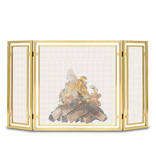 Pantalla Chimenea Interior, Clásico 3 Paneles Hierro Forjado Spark Guard con Malla de Acero, 138cm × 76cm (Color : Gold)