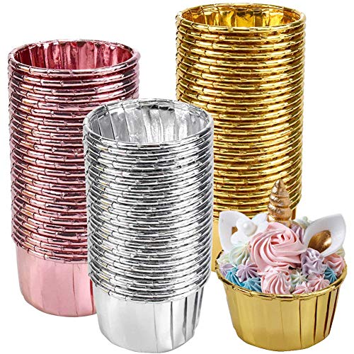 Papel de Aluminio para Cupcakes,150 Pack Moldes Mini Magdalenas, para Hornear Magdalenas, Fiesta de Bodas, Cumpleaños, Color Dorado, Plateado y Oro Rosa