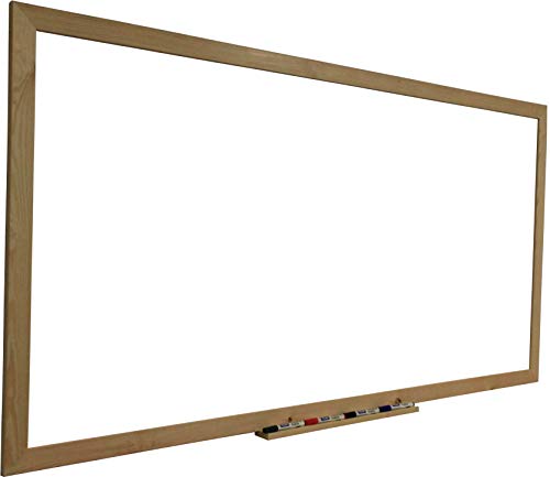 Pizarra blanca magnética con marco madera natural de pino y bandeja o estante 200x100 cm.