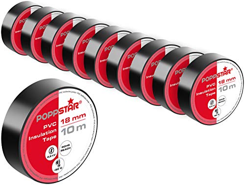 Poppstar - 10x 10m Cinta aislante universal (cinta de sellado de PVC - cinta adhesiva), para aislamiento - reparación de conductores eléctricos (18mm ancho), negro