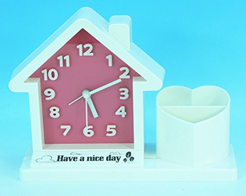 reloj de pared.Personalidad creativa reloj despertador reloj de flores reloj de la casa reloj de la casa con lapicero reloj pequeño reloj de pared, casa con la lapicera de color rosa