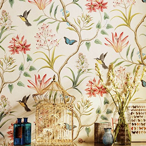 Rollo de papel pintado autoadhesivo con diseño rústico de campo americano, con mariposas, pájaros y flores, ideal para decorar el dormitorio o la sala de estar - Decoración de pared de estilo vintage