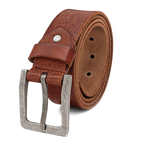 ROYALZ Vintage 4mm Cinturón de cuero de búfalo robusto 4mm de cuero para hombre, correa para vaqueros con hebilla de espina - cuero completo antiguo 38mm, Color:Cognac, tamaño:130