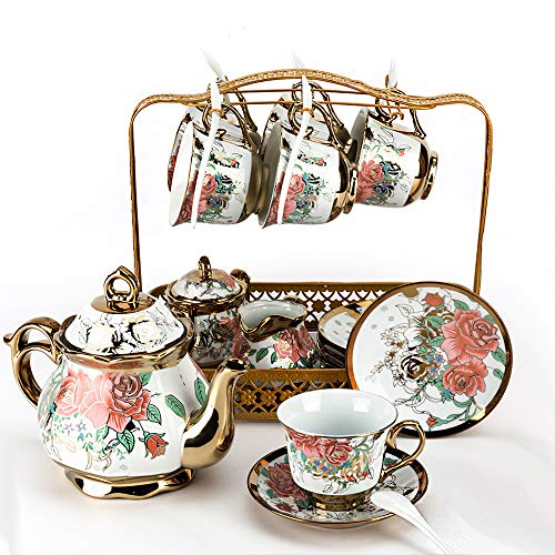 RUXINGGU Inicio Juego de té de cerámica Juego de té Retro Europeo Tetera de cerámica Cafetera Tetera de cerámica 16PCS
