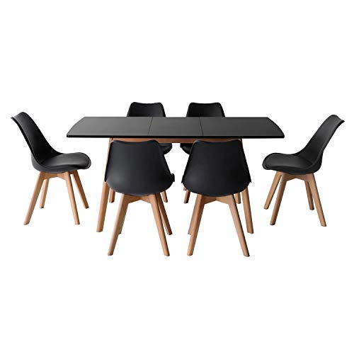 SENJA - Conjunto de Mesa Extensible 120/160 cm + 4 sillas escandinavas - Todo el Confort con Cojines de Asiento Integrados - Fácil Mantenimiento - Negro - X6 Sillas