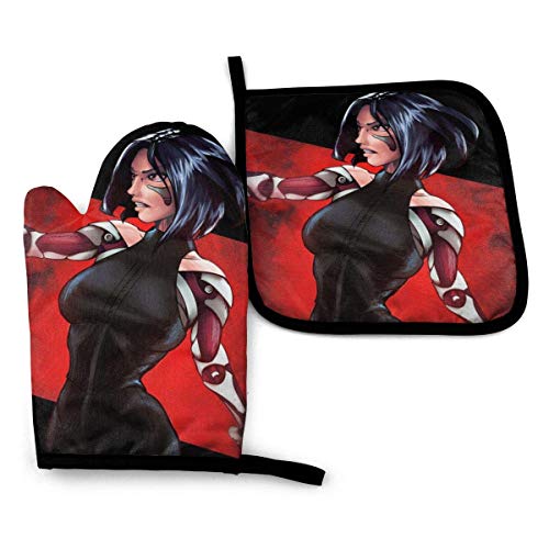 shenguang Alita Battle Angel Oven Mitts and Pot Holders Sets Hanging Non-Slip Heat Resistant 2 Piece Set for Kitchen BBQ Cooking Baking Grilling Machine Washable