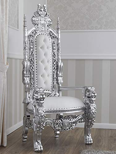 SIMONE GUARRACINO LUXURY DESIGN Trono Lion Estilo Barroco Moderno sillón Color Hoja Plata Eco-Piel Blanca con Piedras y Botones Crystal Sw