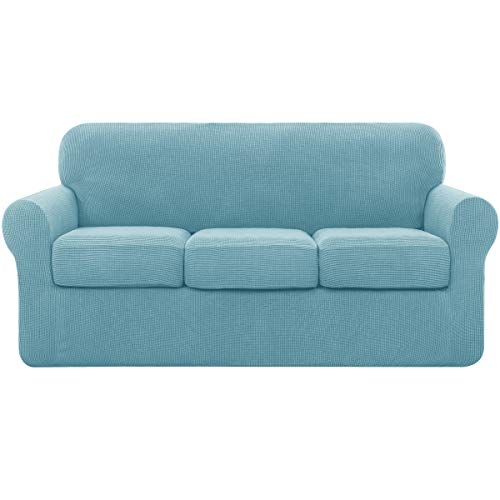 Subrtex - Funda de sofá extensible con 3 fundas de cojín de asiento, protector de sofá con reposabrazos elástico (3 plazas, azul claro)