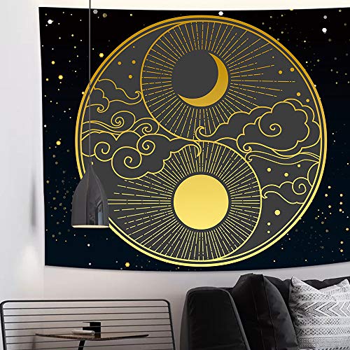 Tapiz de sol y luna Tapiz de Tai Chi Nube propicia Tapiz de Yin Yang Mandala celestial Tapiz de arte de pared psicodélico popular para dormitorio Sala de estar Arte de Decoración del hogar(150x130cm)