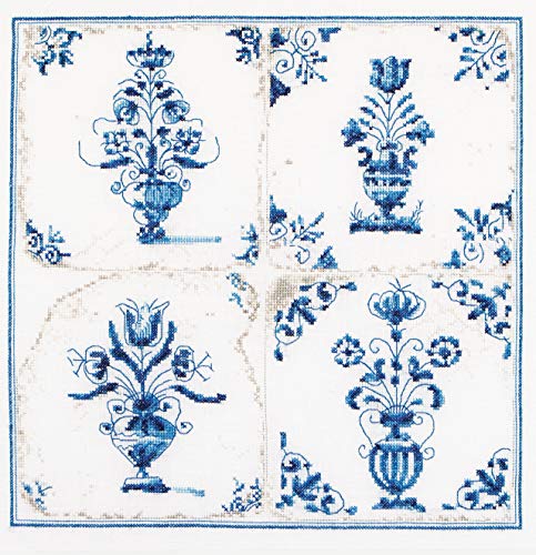 Thea Gouverneur - Kit de Punto de Cruz Contado - 483 - Hilos DMC Preseleccionados - Azulejos Antiguos. Jarrones de flores - Lino - 28cm x 28cm - Kit de Bricolaje