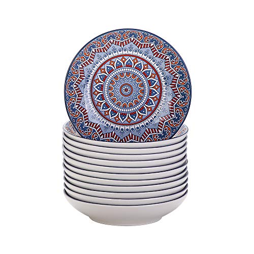 vancasso Serie Mandala Vajilla Porcelana Juego de 12 Platos Hondos 700ML Plato para Sopa Ensalada Ramen Pintado a Mano Azul Claro