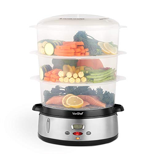 VonShef Vaporera Digital 800W de 3 niveles - Cocina de vapor eléctrica para pescado, carne y verduras saludables - Incluye tazón de arroz libre de BPA