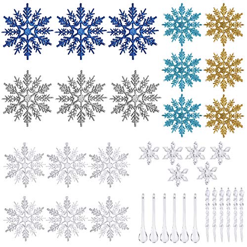 WD&CD 36 pcs 3D decoraciones colgantes de copo de nieve Tridimensional adorno para colgante de árbol de navidad, Adorno Colgante Navideña para Cumpleaños de Fiestas Temáticas, Azul+Dorado+Plata
