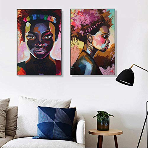 ZGZART Pinturas abstractas en Lienzo de Mujer Negra Africana en la Pared, Carteles e Impresiones artísticas, Retrato de Mujer, Cuadro artístico en Lienzo, decoración del hogar, 40x60cmx2 (sin Marco)