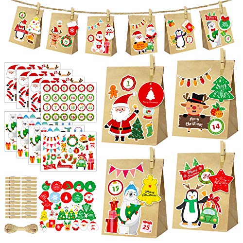 24 Calendario Adviento Navidad DIY, Set de Bolsas de Regalo con 24 Bolsas de Papel Kraft, 27 Tarjeta de Navidad, 24 Clips y 8 Pegatinas con 24 Números, para Navidad Decoración, Envolver Regalos