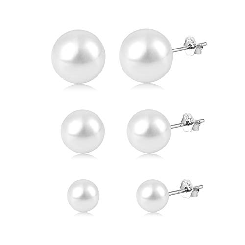 3 pares pendientes de perlas de plata 925 cuentas de perlas Pendiente de gota para las mujeres Blanco Perlas de agua dulce Joyería del oído 6mm / 8mm / 10mm