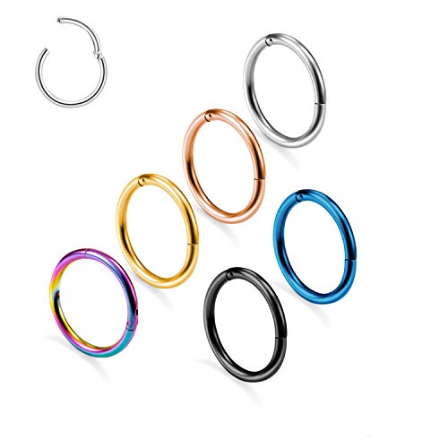 6 piercings de acero inoxidable de 16 g (1,2 mm), para mujer, color plateado, negro, oro rosa, azul, dorado, multicolor, septum, tragus, cartílago, oreja, labio, 6 mm