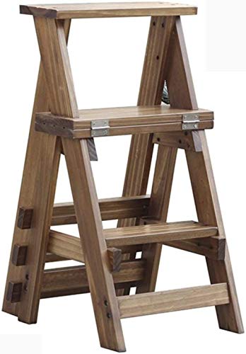AISHANG - Taburete de escalera de madera, escalera de madera, para el hogar, interior o para escaleras, taburete de doble uso, plegable de 3 pasos, color antiguo