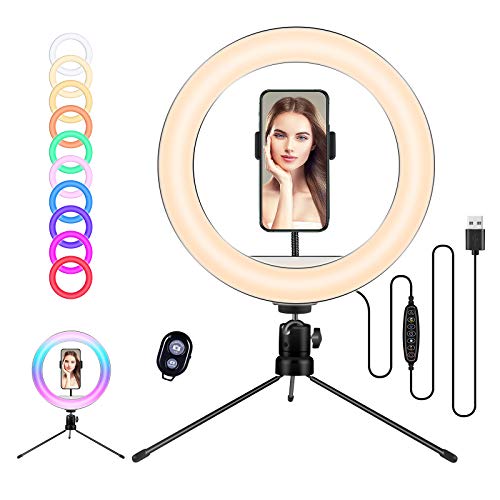 ANVAVA Anillo de Luz con Trípode 10" Luz de Anillo LED 10 Brillos Aro de Luz RGB con Control Remoto Bluetooth para Movil Selfie Maquillaje Fotografía