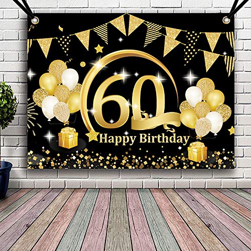 APERIL Decoración de Fiesta de Cumpleaños de Oro Negro, Póster de Tela Cartel Extra Grande para 60 Aniversario Feliz Cumpleaños Pancarta de Fondo Materiales de Fiesta de Cumpleaños (60 Cumpleaños)
