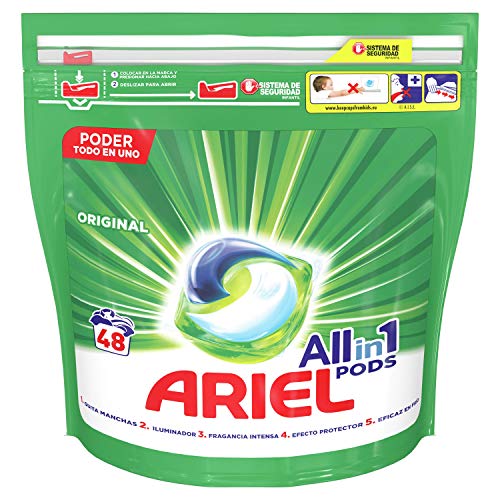 Ariel Todo En Uno Pods Original Detergente En Cápsulas 48 Pods, 48 Lavados, Óptimo Para Lavar A Baja Temperatura, Perfume Duradero