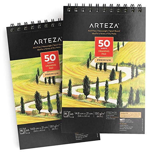 Arteza Cuadernos de dibujo A5 | Pack de 2 blocs de 50 hojas cada uno | Papel grueso de 130g | para dibujo artístico con medios secos