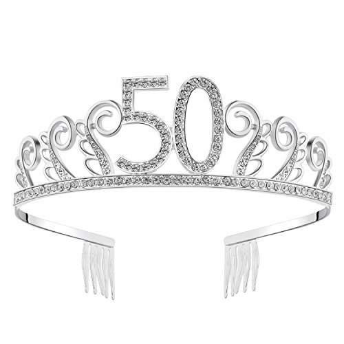 BABEYOND Crystal Rhinestone Tiara princesa de la corona de cumpleaños coronas de plata Diamante feliz 18/20/21/30/40/50/60/90 cumpleaños (50 años Plata)