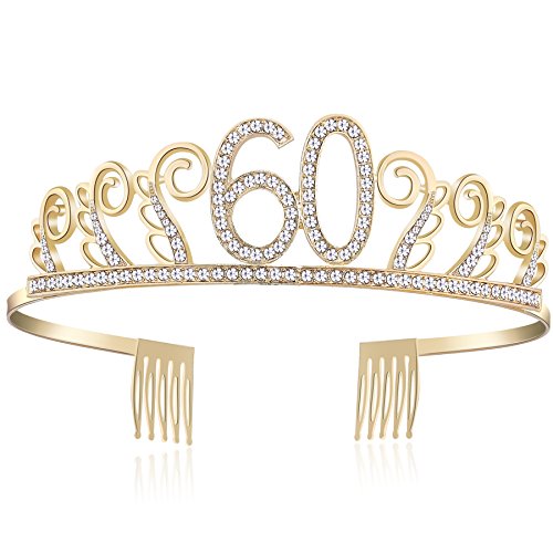 BABEYOND - Tiara de cumpleaños, diseño de princesa, color rosa o plateado, diamantes felices 18/20/21/30/40/50/60/90 Oro de 60 años. Talla única
