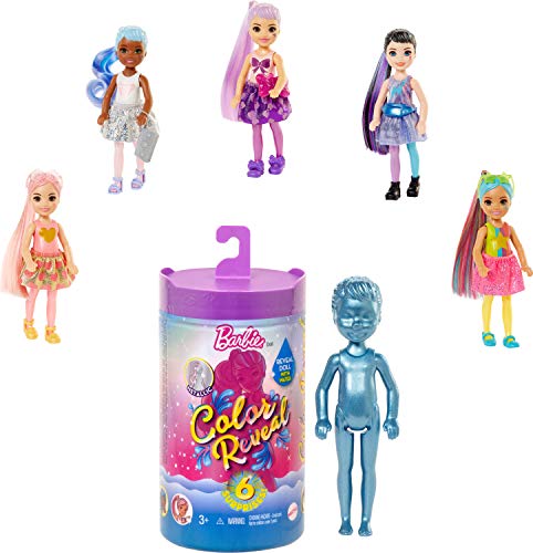 Barbie Chelsea Color Reveal, muñeca sorpresa color metálico y brillo con accesorios de moda sorpresa (Mattel GTT23)