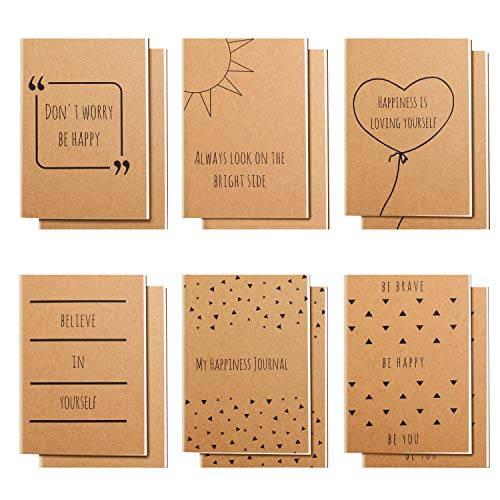 Belle Vous Cuadernos de Notas Pequeño con Líneas Diario/Libreta A6 (Pack de 12) 10,5 x 14,8 cm - 6 Diseños En Ingles - 80 Paginas de Papel - Cuaderno a Rayas Temas Felices para Viajes y Oficina