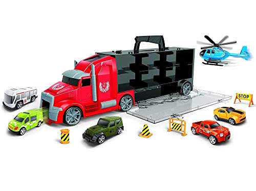 Brigamo Action juguete Auto Set con Truck y integrada despegue en camiones, Auto Transporter Incluye Asa con 5 Coches de Juguete, helicóptero y tráfico de caracteres