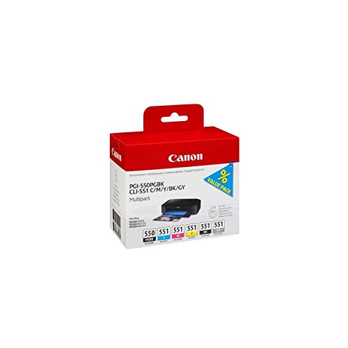 Canon PGI-550+CLI-551 Cartucho Multipack de tinta original BK/C/M/Y/G para impresora de inyeccion de tinta Pixma MX725,925-MG5450,5550,5650,6350,6450,6650,7150,7550-iP7250,8750-iX6850